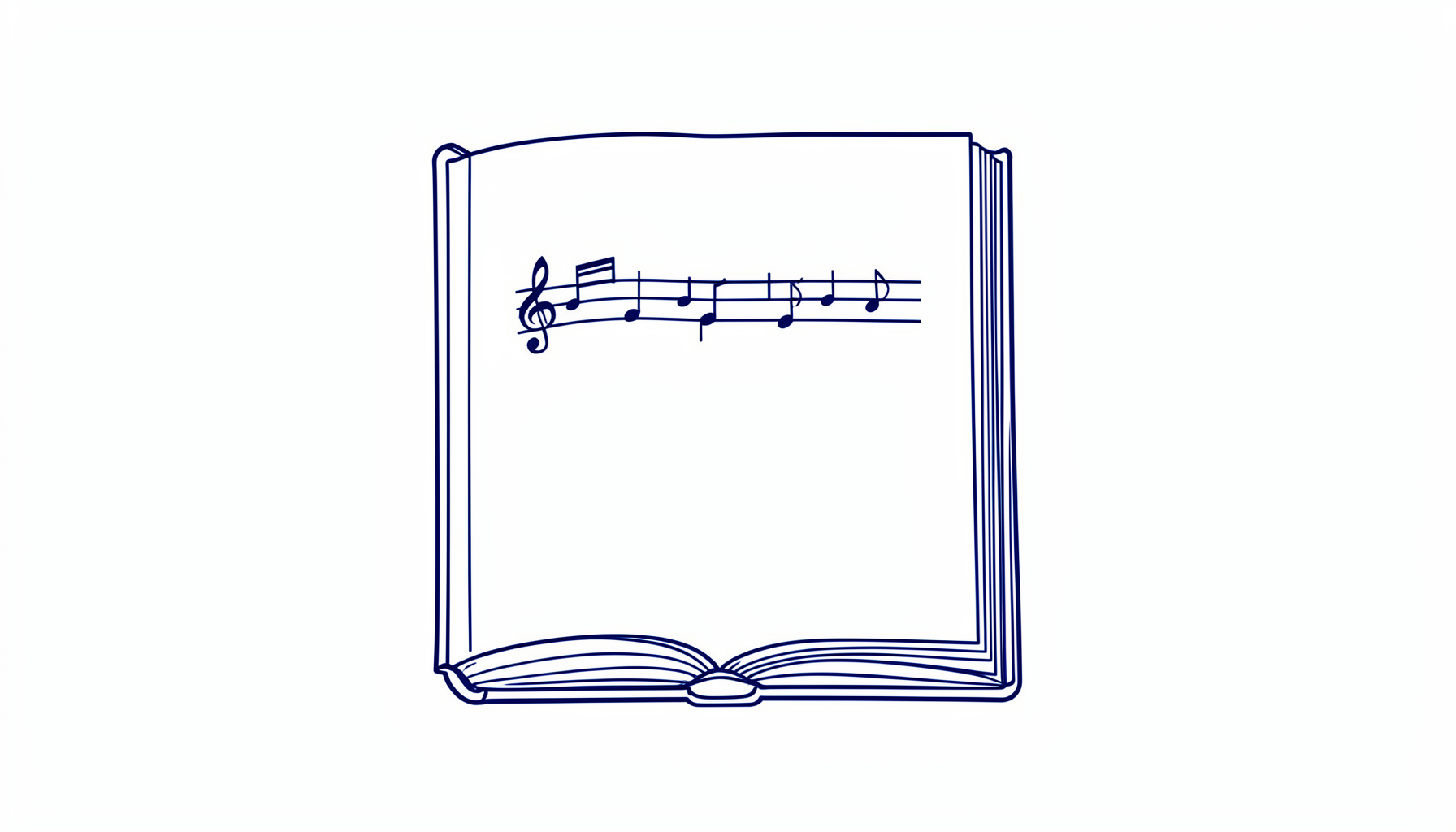 Minimal line drawing of a hymn book with musical notes, navy on white